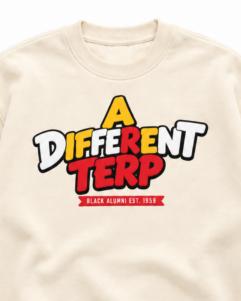 A Different Terp cream crewneck, front print close-up