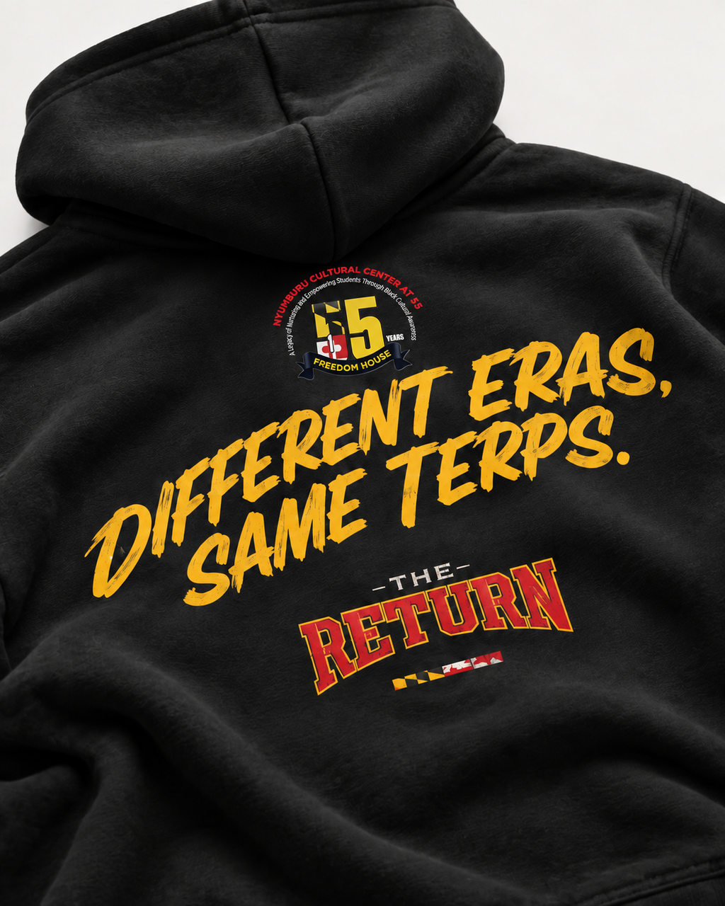 A Different Terp black hoodie, back print close-up