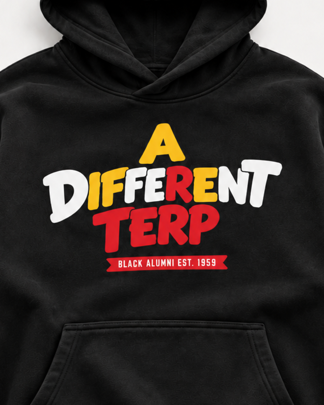 A Different Terp black hoodie, front print close-up